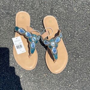 Elegant Beaded Sandals - Tan and Blue